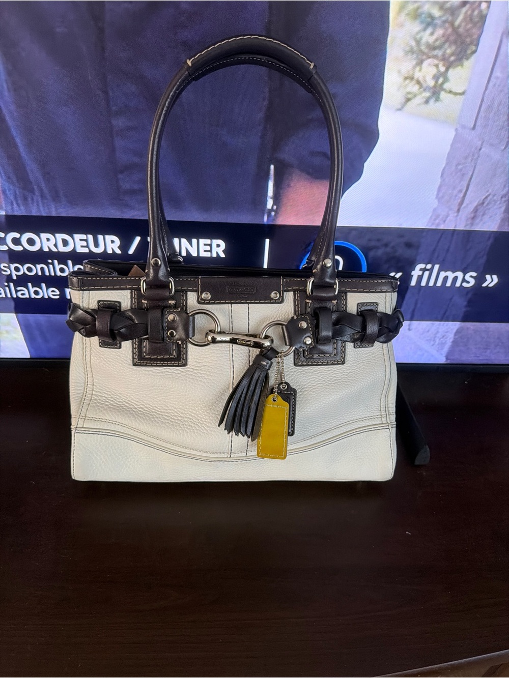 Coach Cream Satchel with Dark Brown Trim and Yellow Tag